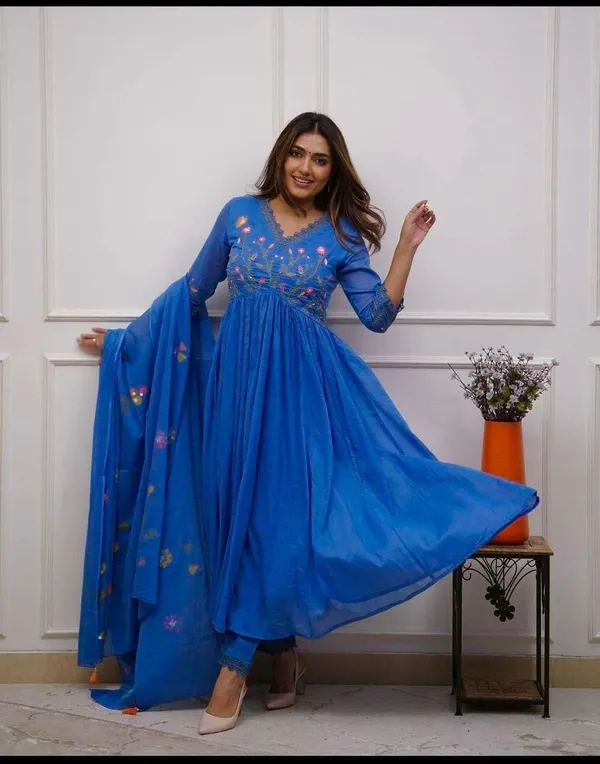 Blue_Cotton_Regular_Embroidered_Anarkali_Kurti_With_Pant_Set_For_Women