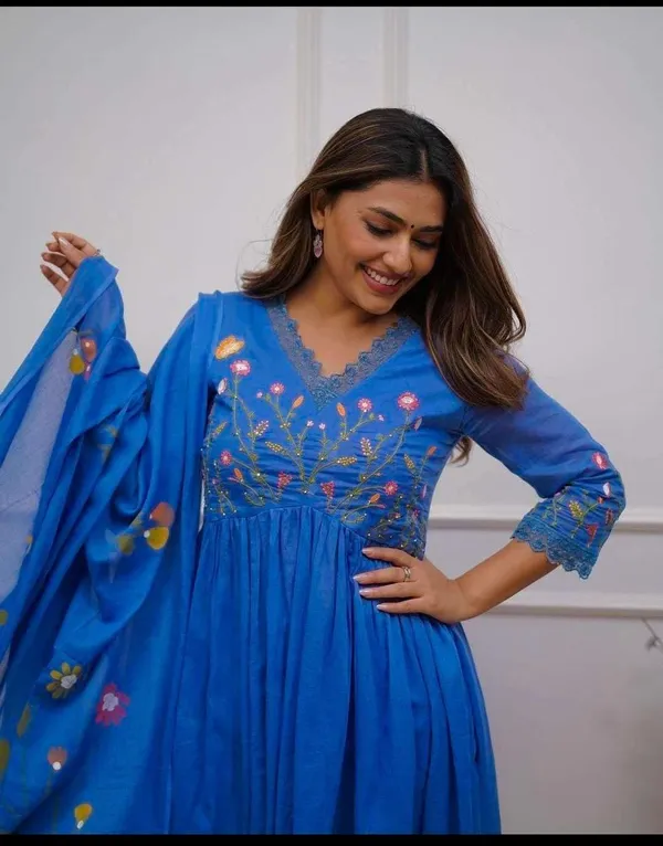 Blue_Cotton_Regular_Embroidered_Anarkali_Kurti_With_Pant_Set_For_Women