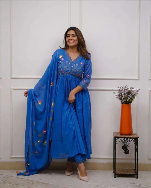 Blue_Cotton_Regular_Embroidered_Anarkali_Kurti_With_Pant_Set_For_Women