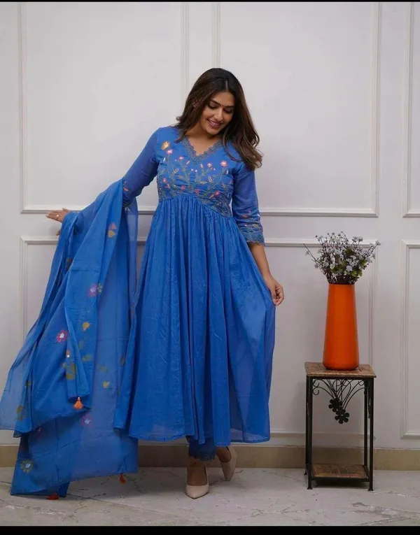 Blue_Cotton_Regular_Embroidered_Anarkali_Kurti_With_Pant_Set_For_Women