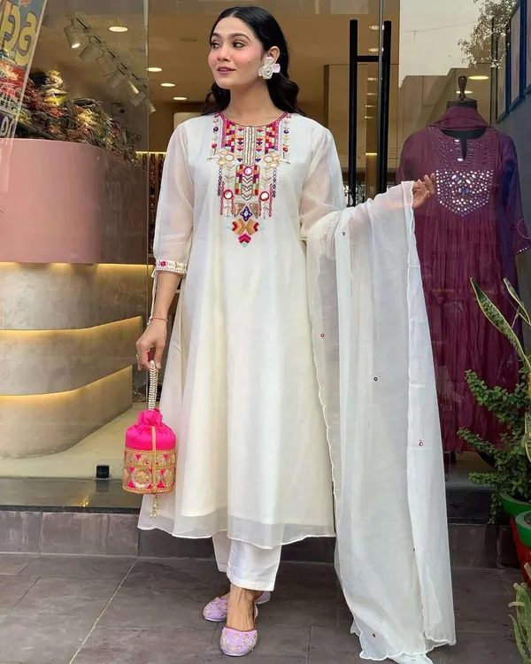 White_Cotton_Regular_Mirror_Work_Embroidered_Kurti_Pant_Dupatta_Set_For_Women