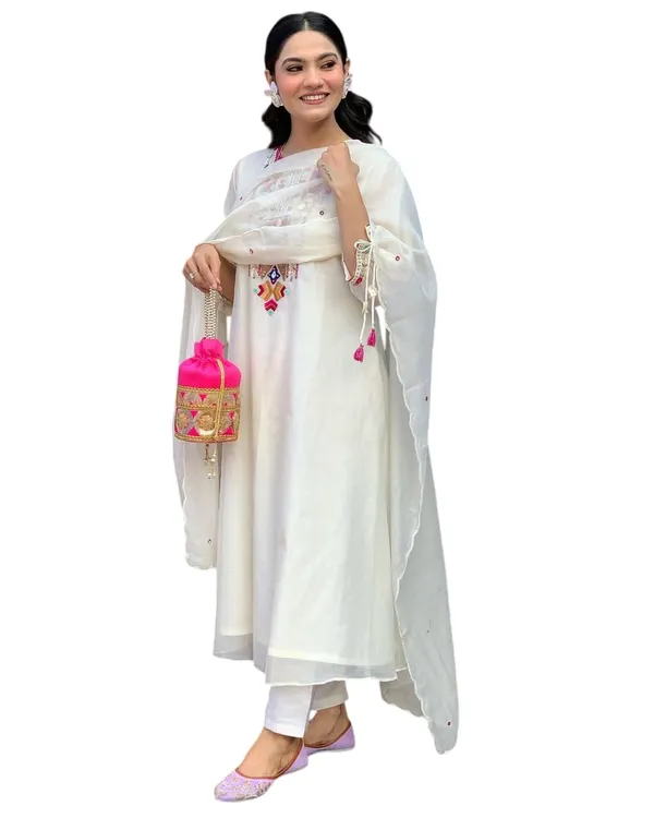 White_Cotton_Regular_Mirror_Work_Embroidered_Kurti_Pant_Dupatta_Set_For_Women