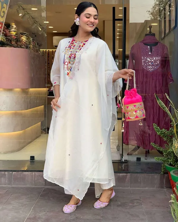 White_Cotton_Regular_Mirror_Work_Embroidered_Kurti_Pant_Dupatta_Set_For_Women