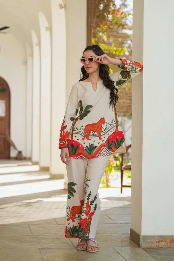 White_Orange_Cotton_Floral_Printed_Straight_Kurti_With_Pant_Set_For_Women