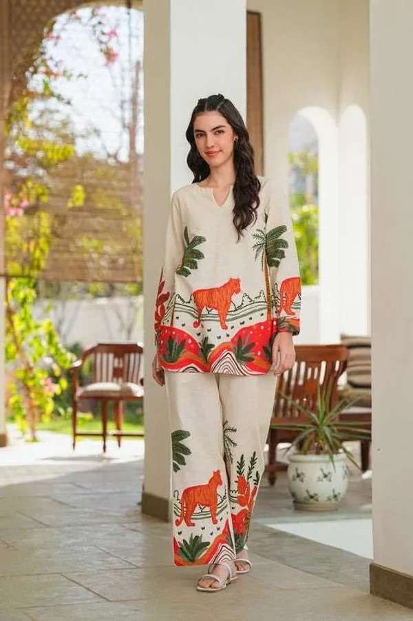 White_Orange_Cotton_Floral_Printed_Straight_Kurti_With_Pant_Set_For_Women