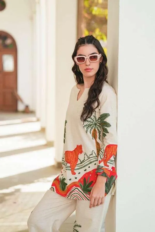 White_Orange_Cotton_Floral_Printed_Straight_Kurti_With_Pant_Set_For_Women