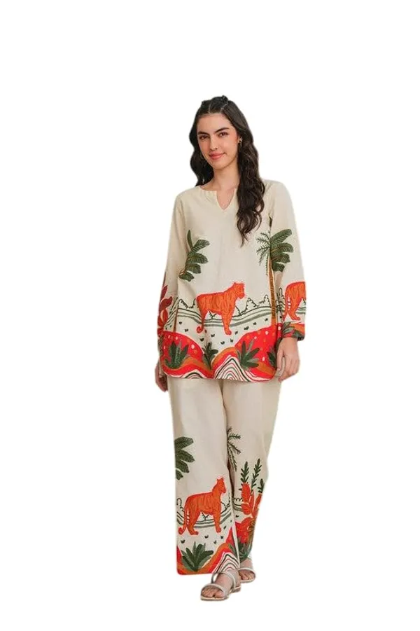 White_Orange_Cotton_Floral_Printed_Straight_Kurti_With_Pant_Set_For_Women