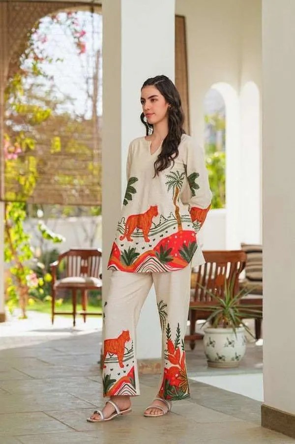 White_Orange_Cotton_Floral_Printed_Straight_Kurti_With_Pant_Set_For_Women