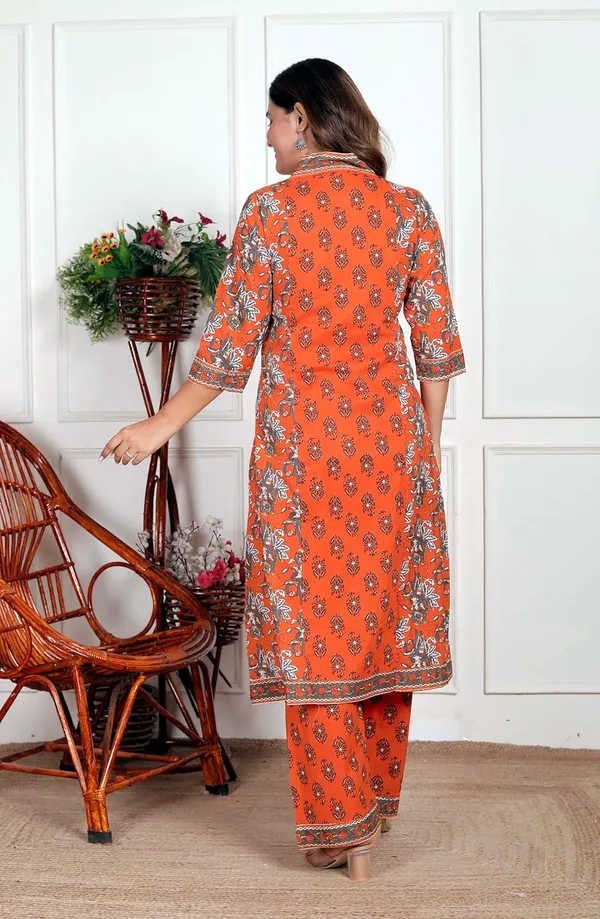 Orange_Cotton_Printed_Straight_Kurti_With_Pant_Dupatta_Set_For_Women