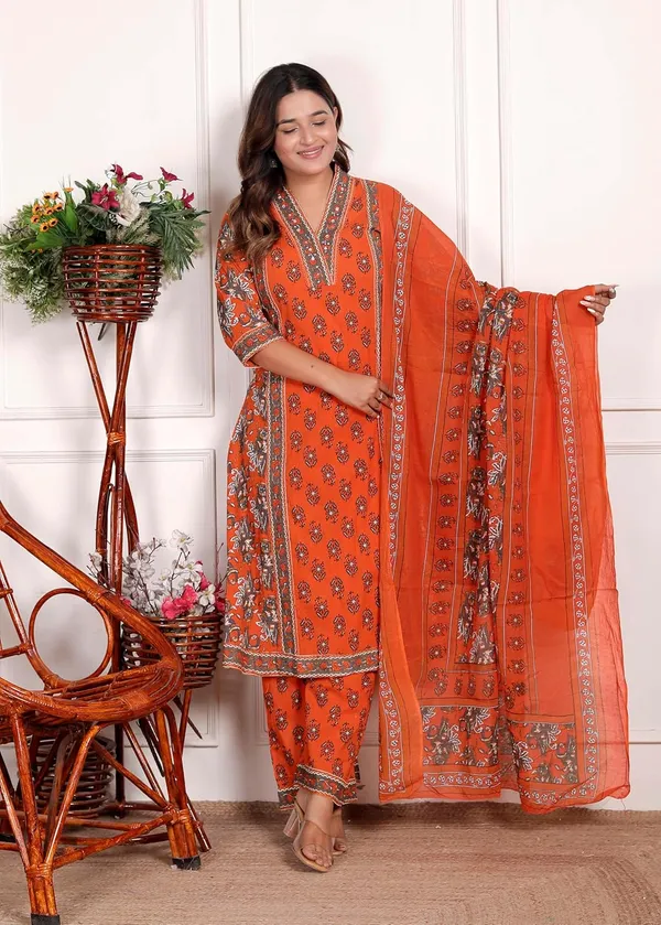Orange_Cotton_Printed_Straight_Kurti_With_Pant_Dupatta_Set_For_Women