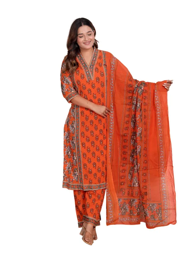 Orange_Cotton_Printed_Straight_Kurti_With_Pant_Dupatta_Set_For_Women