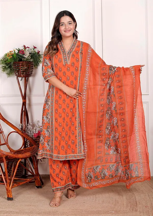 Orange_Cotton_Printed_Straight_Kurti_With_Pant_Dupatta_Set_For_Women