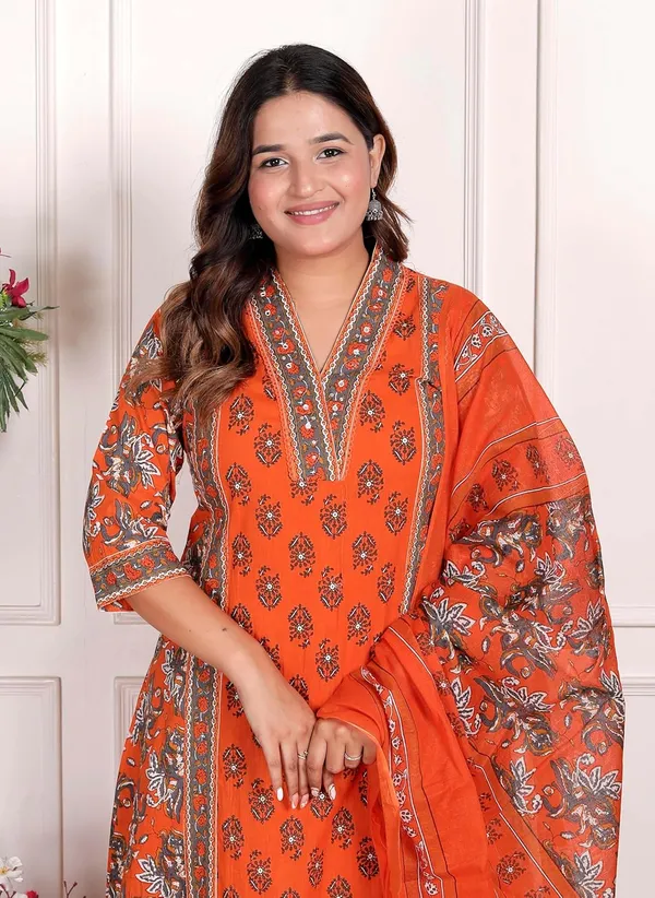 Orange_Cotton_Printed_Straight_Kurti_With_Pant_Dupatta_Set_For_Women