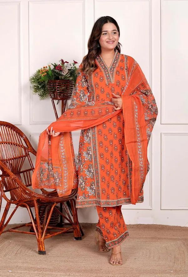 Orange_Cotton_Printed_Straight_Kurti_With_Pant_Dupatta_Set_For_Women