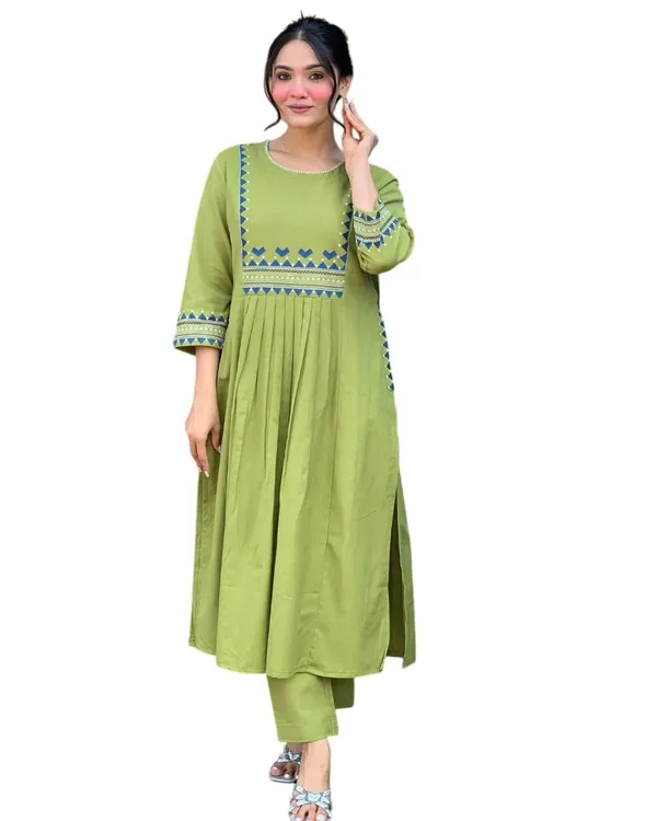 Olive_Green_Rayon_A_Line_Embroidered_Kurti_With_Pant_Set_For_Women