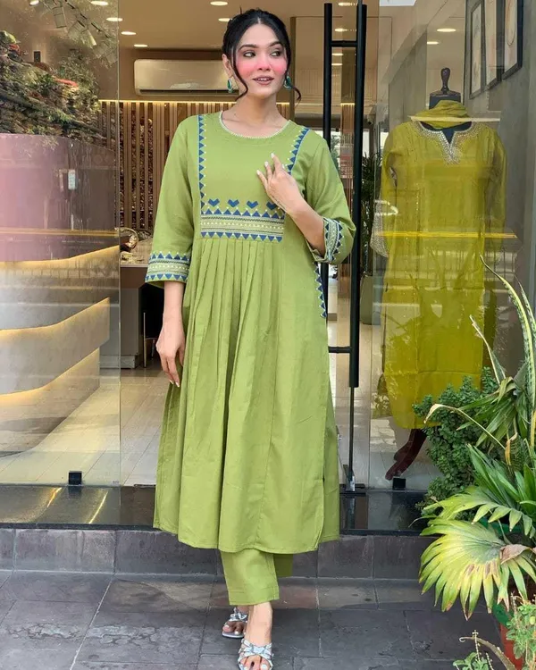 Olive_Green_Rayon_A_Line_Embroidered_Kurti_With_Pant_Set_For_Women