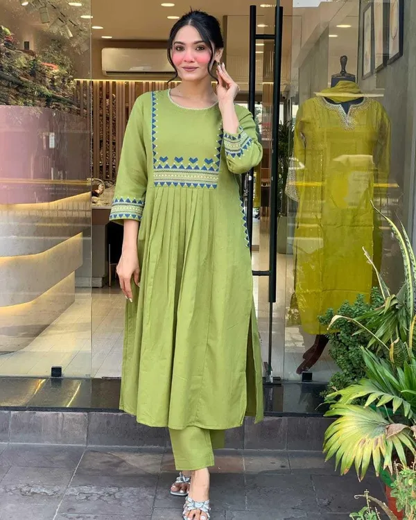 Olive_Green_Rayon_A_Line_Embroidered_Kurti_With_Pant_Set_For_Women