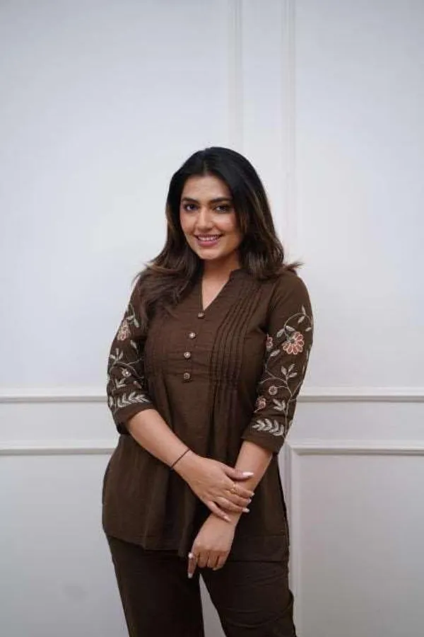 Brown_Cotton_Embroidered_Straight_Short_Kurti_With_Pant_Set_For_Women