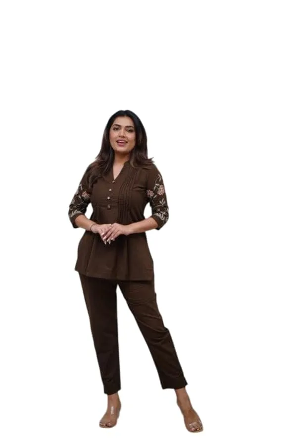 Brown_Cotton_Embroidered_Straight_Short_Kurti_With_Pant_Set_For_Women