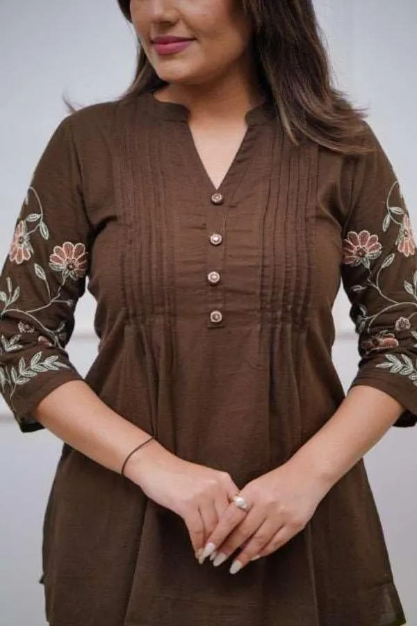 Brown_Cotton_Embroidered_Straight_Short_Kurti_With_Pant_Set_For_Women