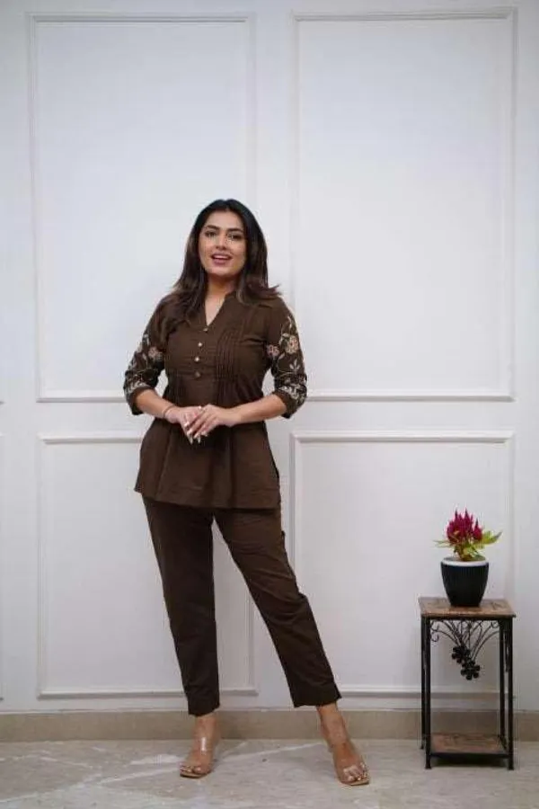 Brown_Cotton_Embroidered_Straight_Short_Kurti_With_Pant_Set_For_Women