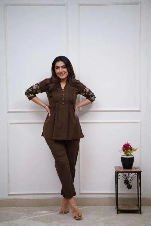 Brown_Cotton_Embroidered_Straight_Short_Kurti_With_Pant_Set_For_Women