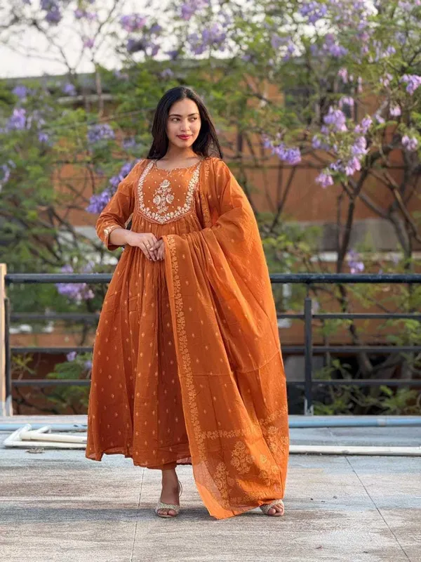 Orange_Cotton_Embroidered_Anarkali_Kurti_Pant_Dupatta_Set_For_Women