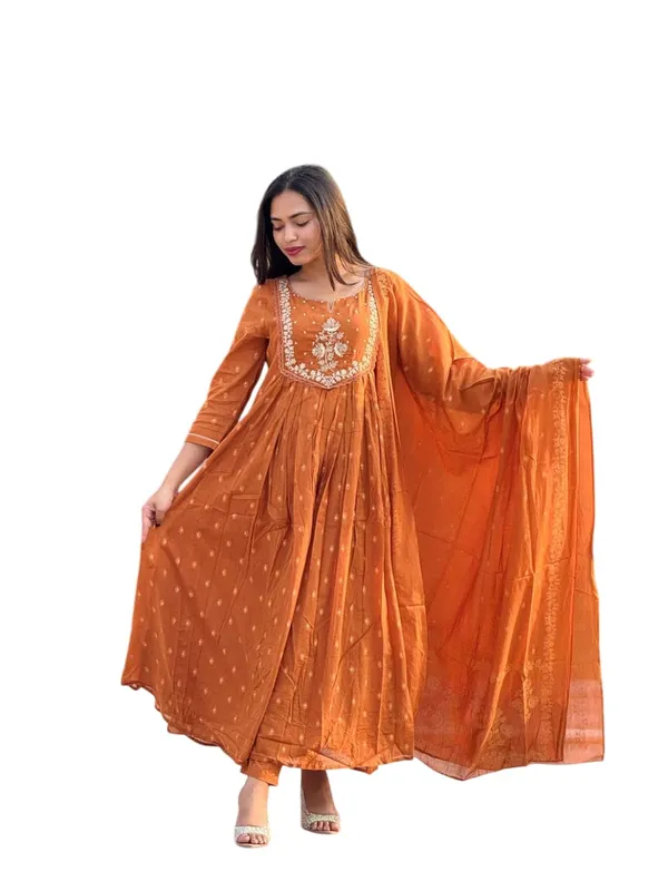 Orange_Cotton_Embroidered_Anarkali_Kurti_Pant_Dupatta_Set_For_Women