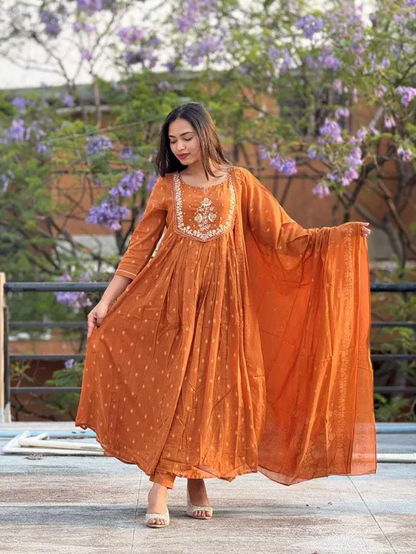 Orange_Cotton_Embroidered_Anarkali_Kurti_Pant_Dupatta_Set_For_Women