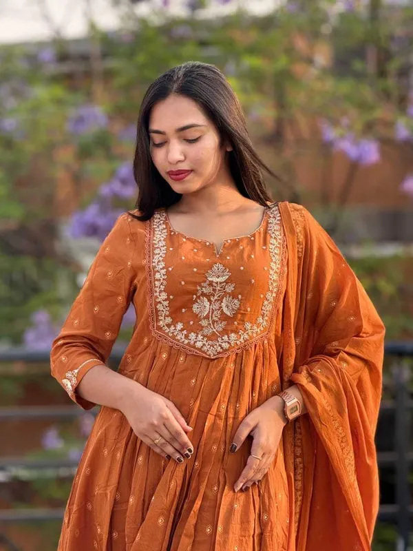 Orange_Cotton_Embroidered_Anarkali_Kurti_Pant_Dupatta_Set_For_Women