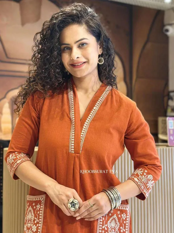 Rust_Red_Cotton_Regular_Printed_Straight_Kurti_Pant_Set_For_Women