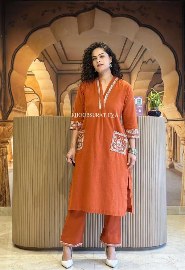 Rust_Red_Cotton_Regular_Printed_Straight_Kurti_Pant_Set_For_Women