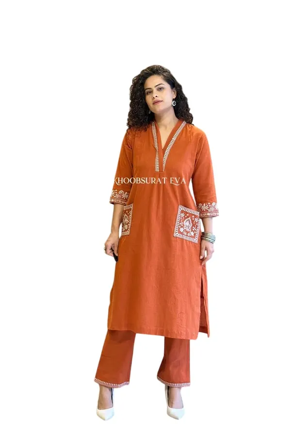 Rust_Red_Cotton_Regular_Printed_Straight_Kurti_Pant_Set_For_Women
