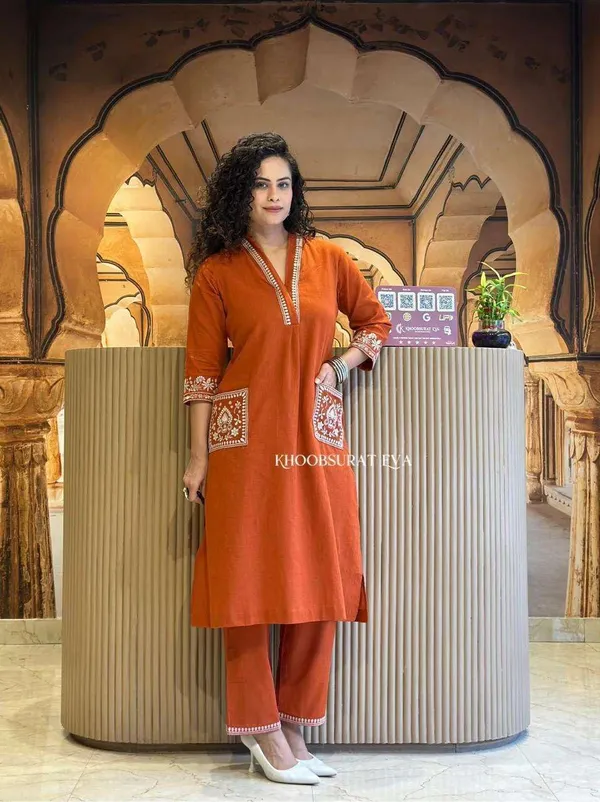 Rust_Red_Cotton_Regular_Printed_Straight_Kurti_Pant_Set_For_Women