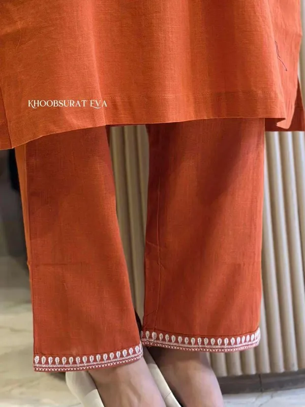 Rust_Red_Cotton_Regular_Printed_Straight_Kurti_Pant_Set_For_Women