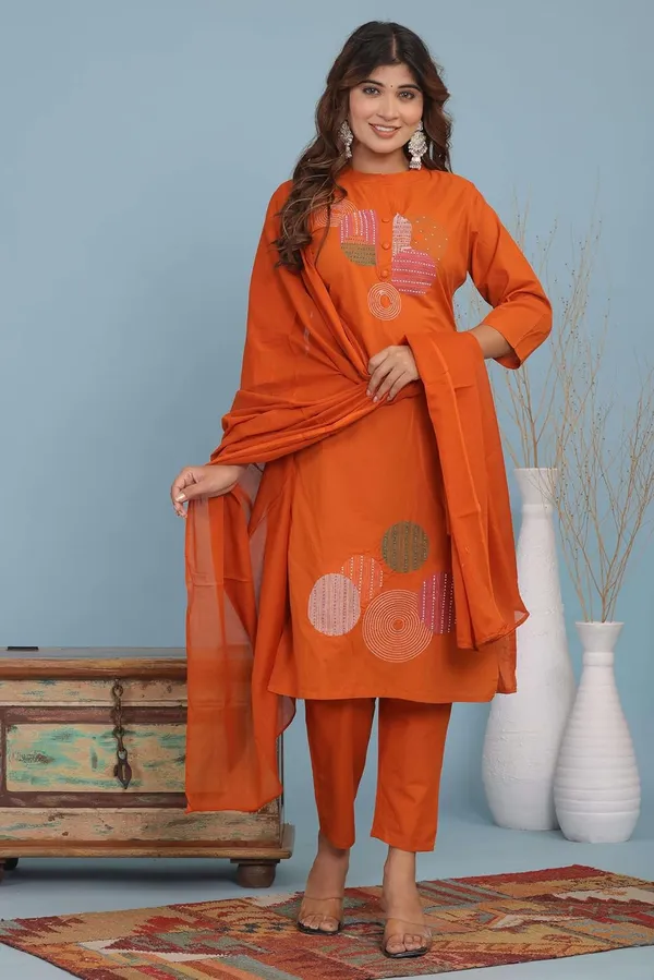 Orange_Cotton_Regular_Printed_Straight_Kurti_With_Pant_Set_For_Women