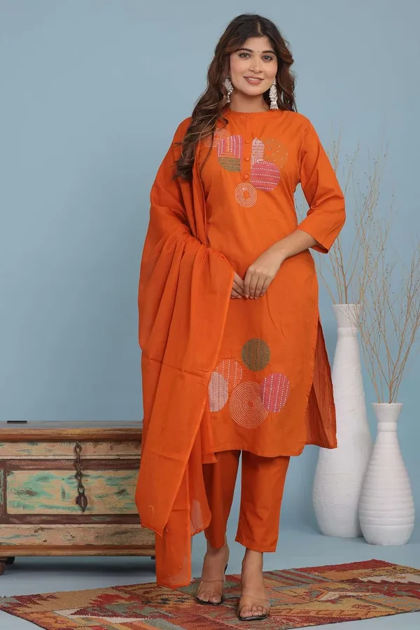Orange_Cotton_Regular_Printed_Straight_Kurti_With_Pant_Set_For_Women