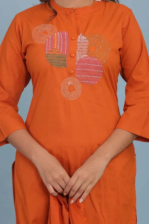 Orange_Cotton_Regular_Printed_Straight_Kurti_With_Pant_Set_For_Women