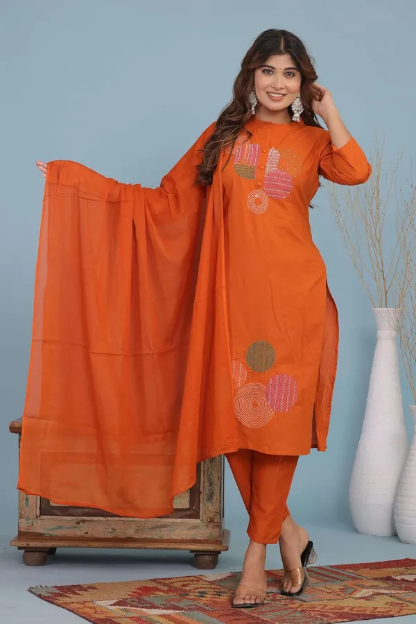 Orange_Cotton_Regular_Printed_Straight_Kurti_With_Pant_Set_For_Women