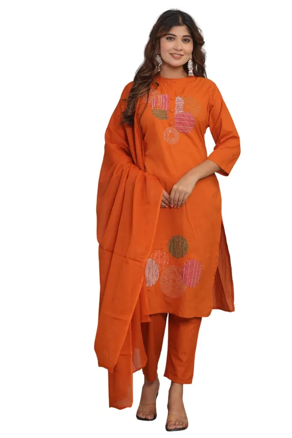 Orange_Cotton_Regular_Printed_Straight_Kurti_With_Pant_Set_For_Women