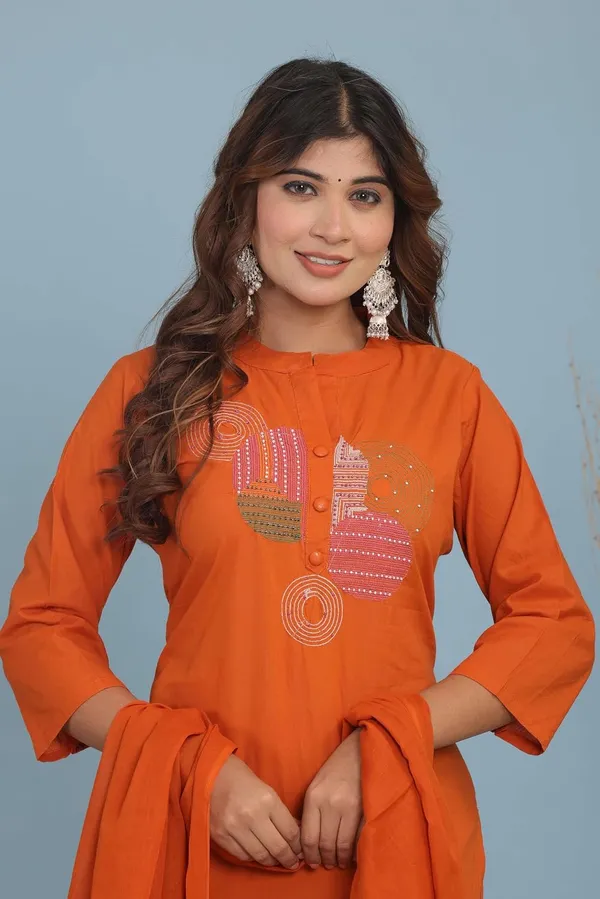 Orange_Cotton_Regular_Printed_Straight_Kurti_With_Pant_Set_For_Women