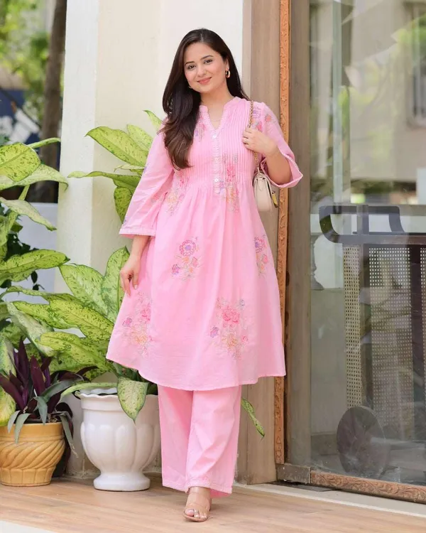 Pink_Cotton_Regular_Embroidered_A_Line_Kurti_With_Pant_Set_For_Women