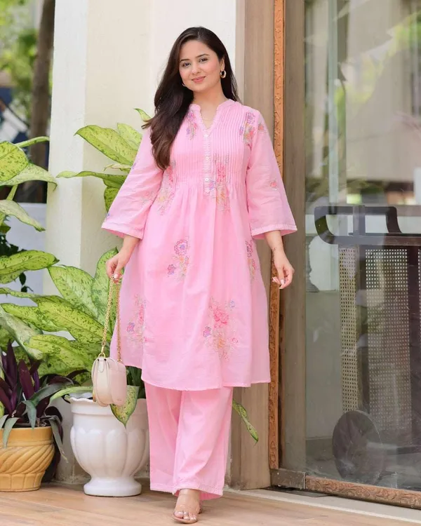 Pink_Cotton_Regular_Embroidered_A_Line_Kurti_With_Pant_Set_For_Women