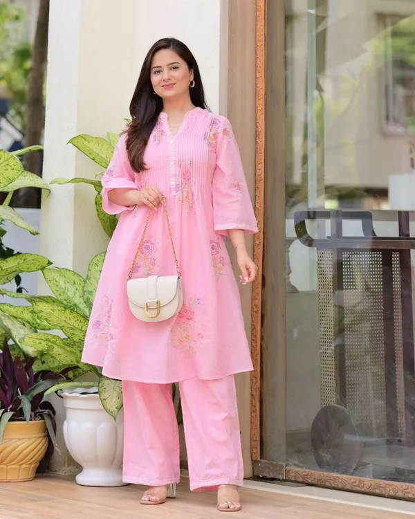 Pink_Cotton_Regular_Embroidered_A_Line_Kurti_With_Pant_Set_For_Women