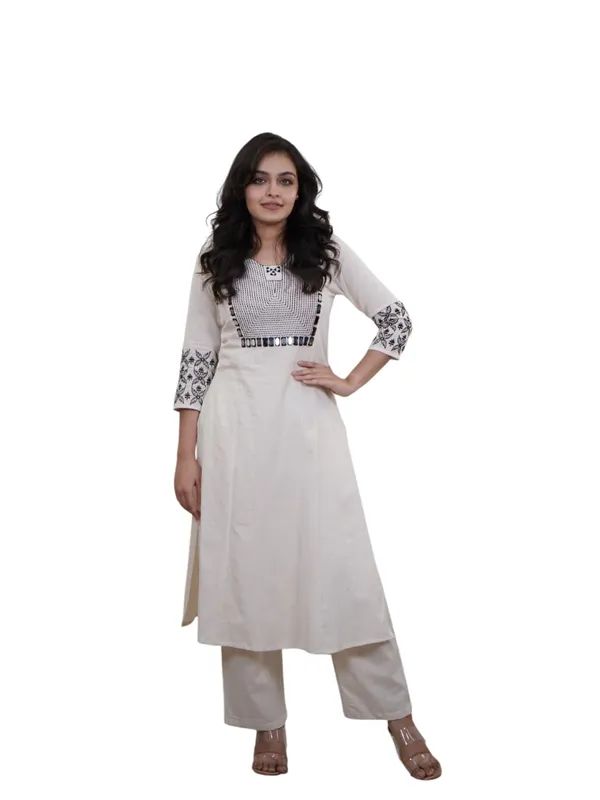 White_Cotton_Embroidered_Straight_Kurti_With_Pant_Set_For_Women