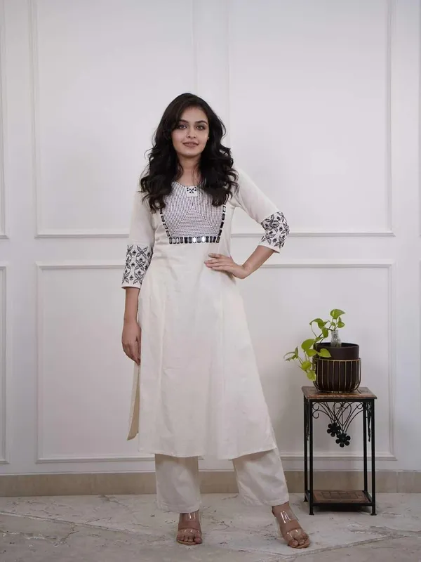 White_Cotton_Embroidered_Straight_Kurti_With_Pant_Set_For_Women