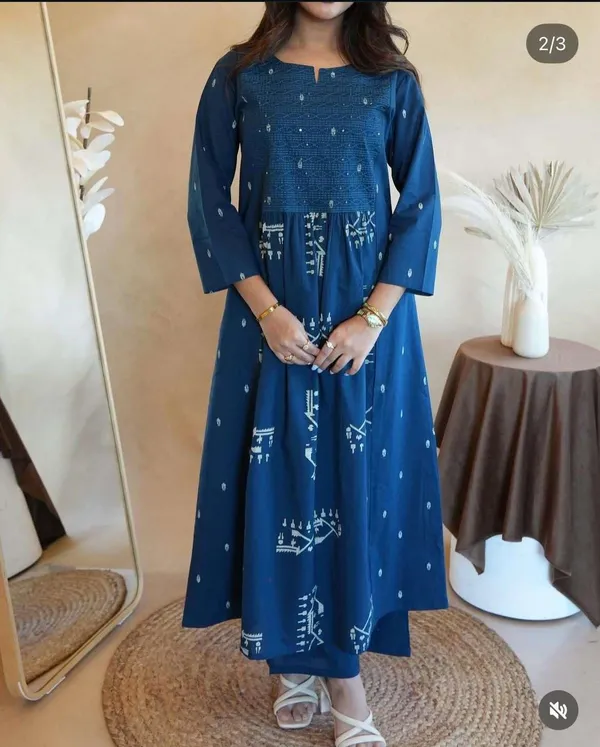 Blue_Cotton_Regular_Embroidered_Anarkali_Kurti_With_Pant_Set_For_Women