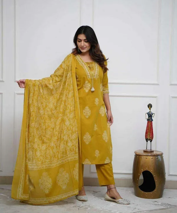Yellow_Cotton_Regular_Printed_Straight_Kurti_With_Pant_Dupatta_Set_For_Women