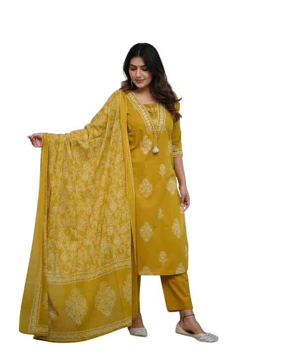 Yellow_Cotton_Regular_Printed_Straight_Kurti_With_Pant_Dupatta_Set_For_Women