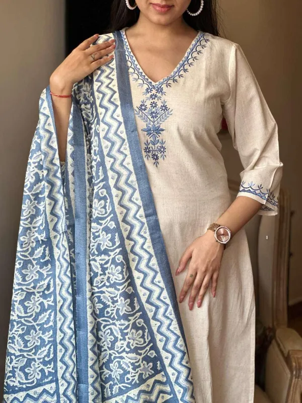 White_Cotton_Regular_Embroidered_Straight_Kurti_With_Pant_Dupatta_Set_For_Women